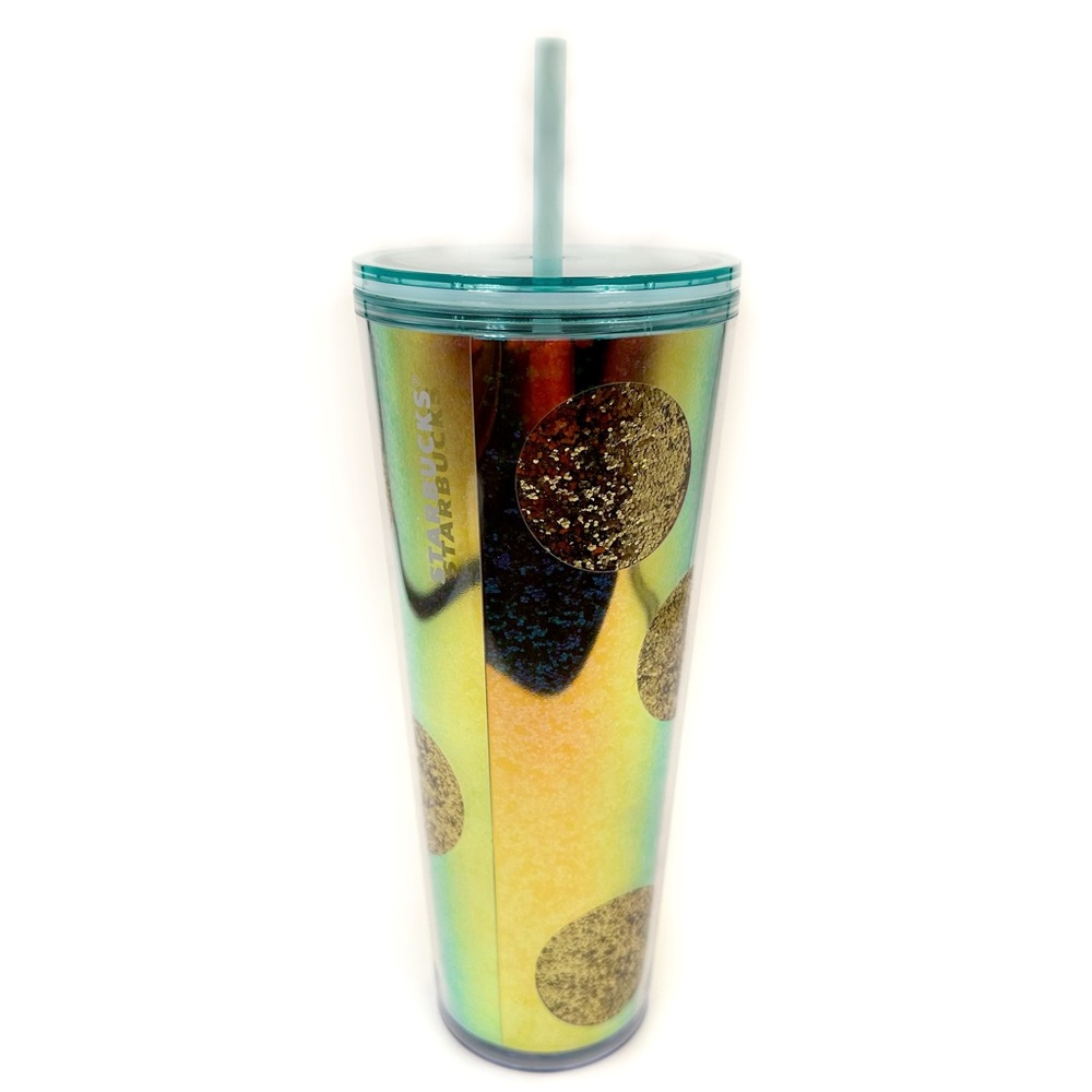 Starbucks Polka Dot Tumbler Holographic Gold Glitter Green Travel Cup Cute Gift